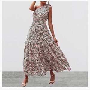 One-Shoulder lishly tiered Red and white Leopard Print maxi dress